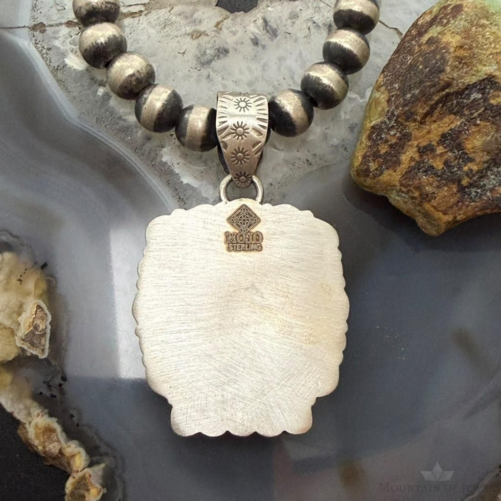 Sterling Silver Southwestern Style Square Blackjack Turquoise Decorated Pendant