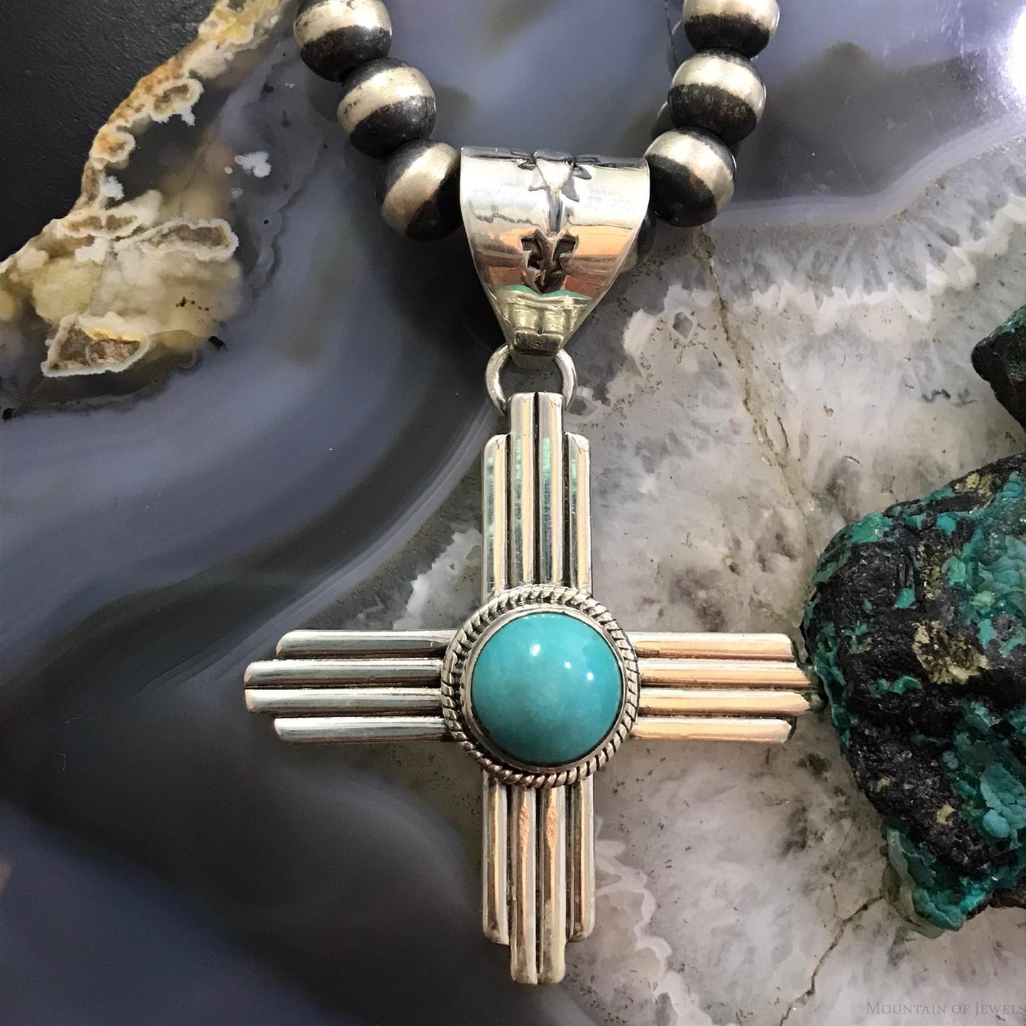 Native American Sterling Silver Round Turquoise Unisex Zia Pendant