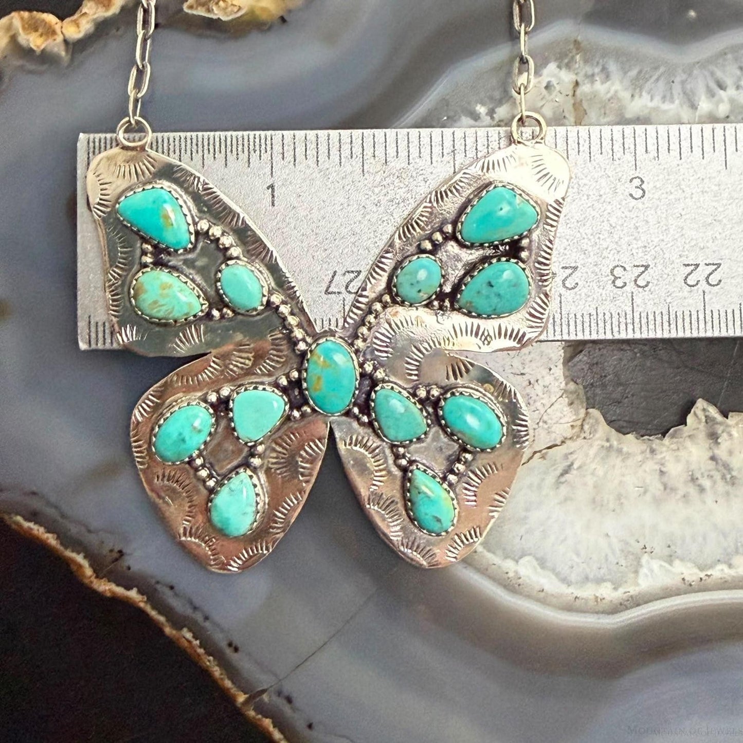 Sterling  Silver Southwestern Style Kingman Turquoise Butterfly Pendant 20.5" Necklace For Women