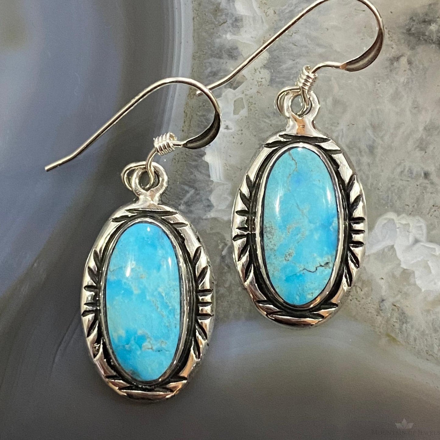 Native American Sterling Oval Blue Ridge Turquoise Dangle Earrings For Women