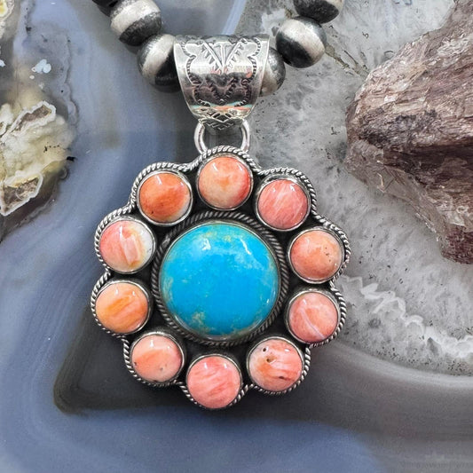 Native American Sterling Silver Turquoise & Orange Spiny Oyster Cluster Pendant For Women
