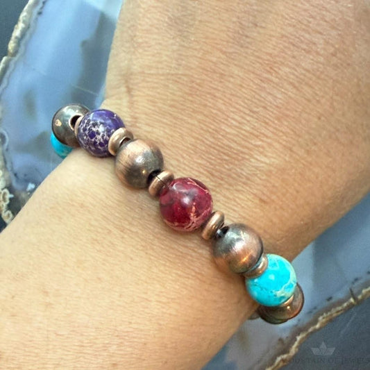 Southwestern Style 10mm Copper Navajo Pearl & 10mm Sediment Jasper Stretch Bracelet For Women