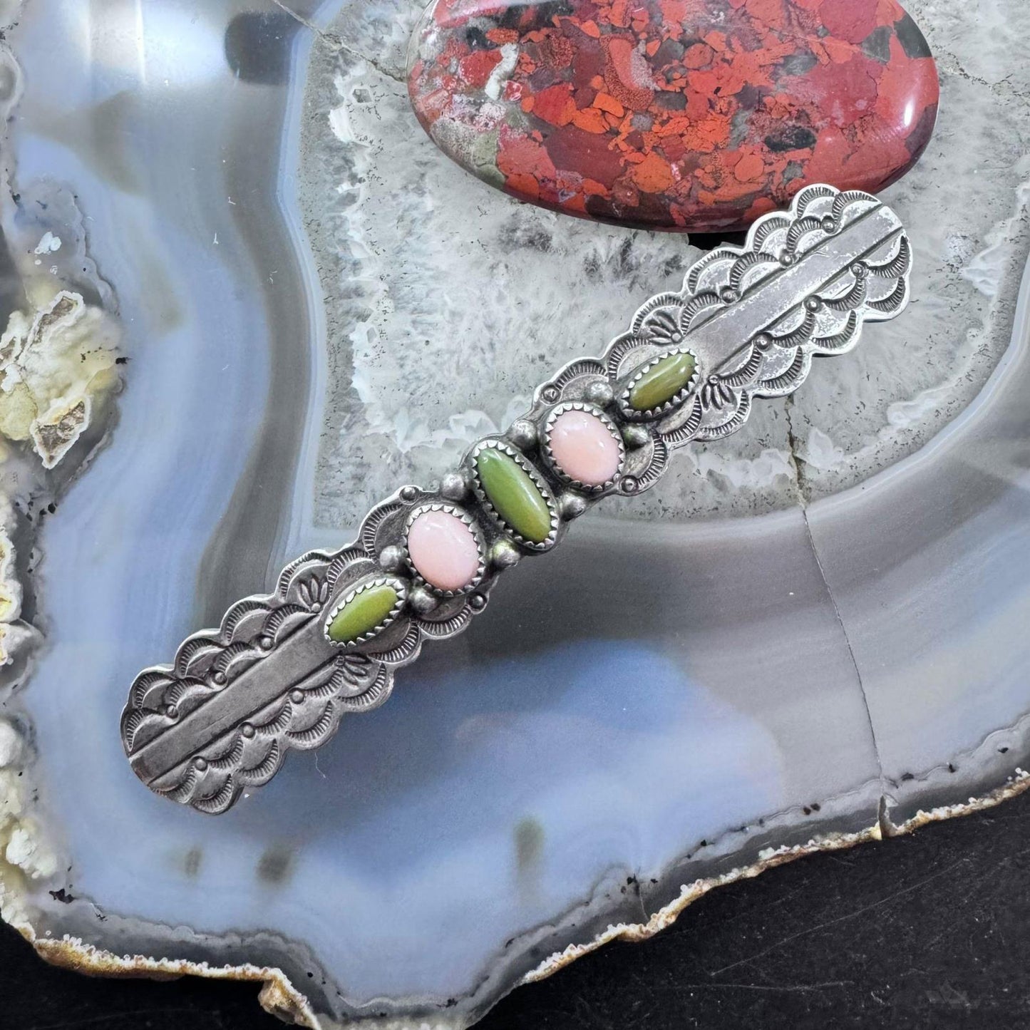 Ron Wesley Vintage Silver Green Turquoise & Angel Skin Coral Hair Barrette