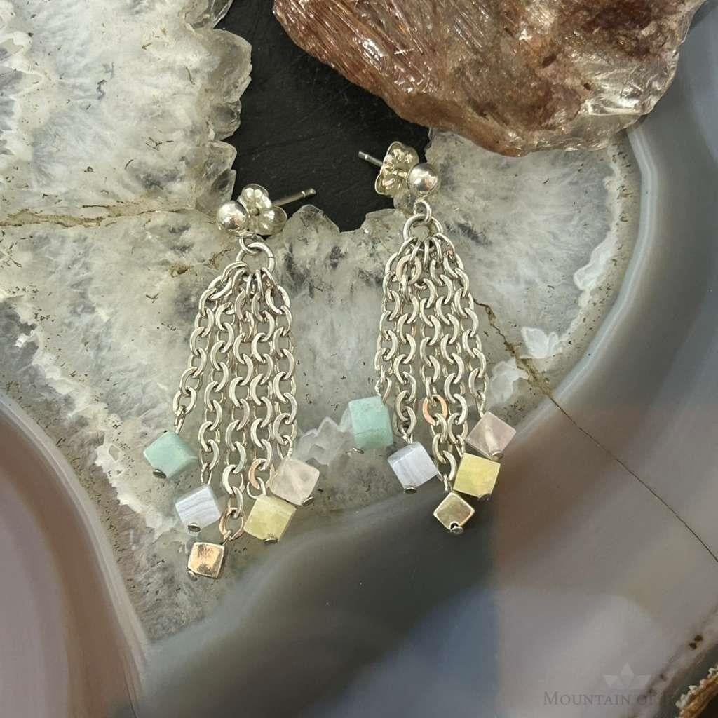 Carolyn Pollack Sterling Silver Tiny Multi Stone Cube Bead Chandelier Earrings For Women