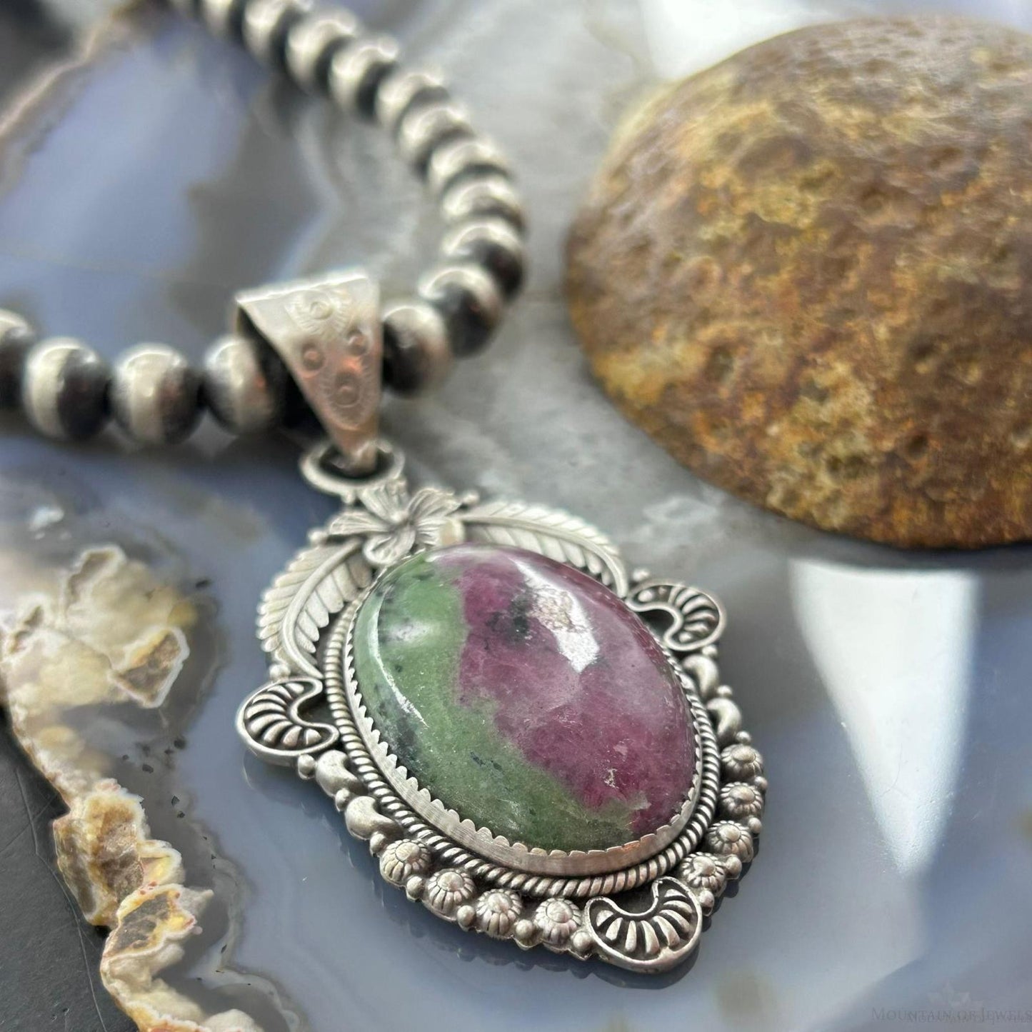 Sterling Silver Southwestern Style Oval Ruby Zoisite Pendant For Women