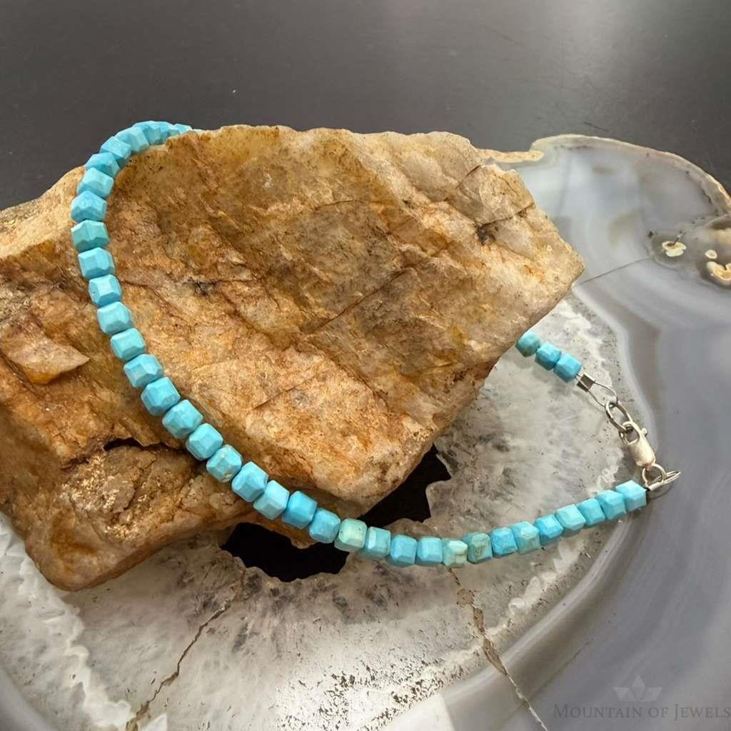 Sterling Silver Faceted Square Turquoise Beads Bracelet/Anklet For Women