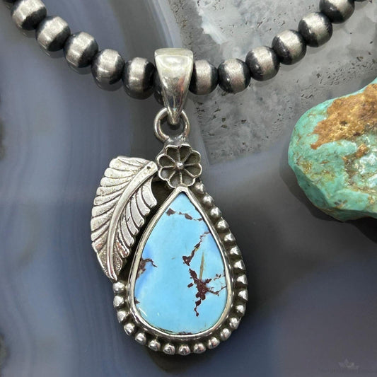 Sterling Silver Southwestern Style Teardrop Golden Hill Turquoise Leaves Pendant For Women #2