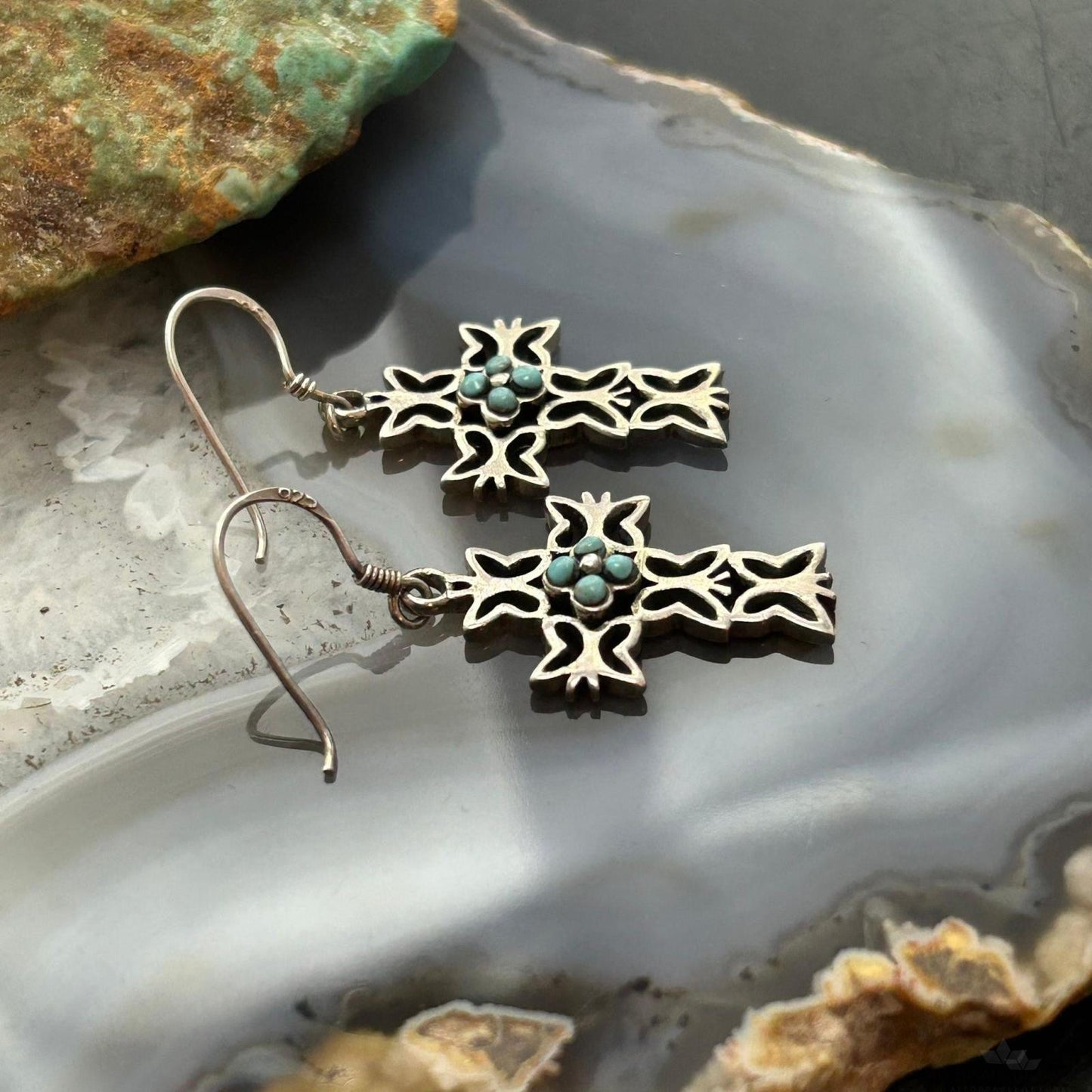 Sterling Silver Southwestern Style Turquoise Cross Dangle Earrings For Women