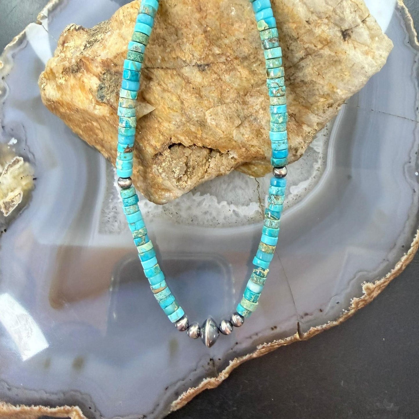 Sterling Silver Turquoise and Navajo Pearl Beads 17" Necklace For Women