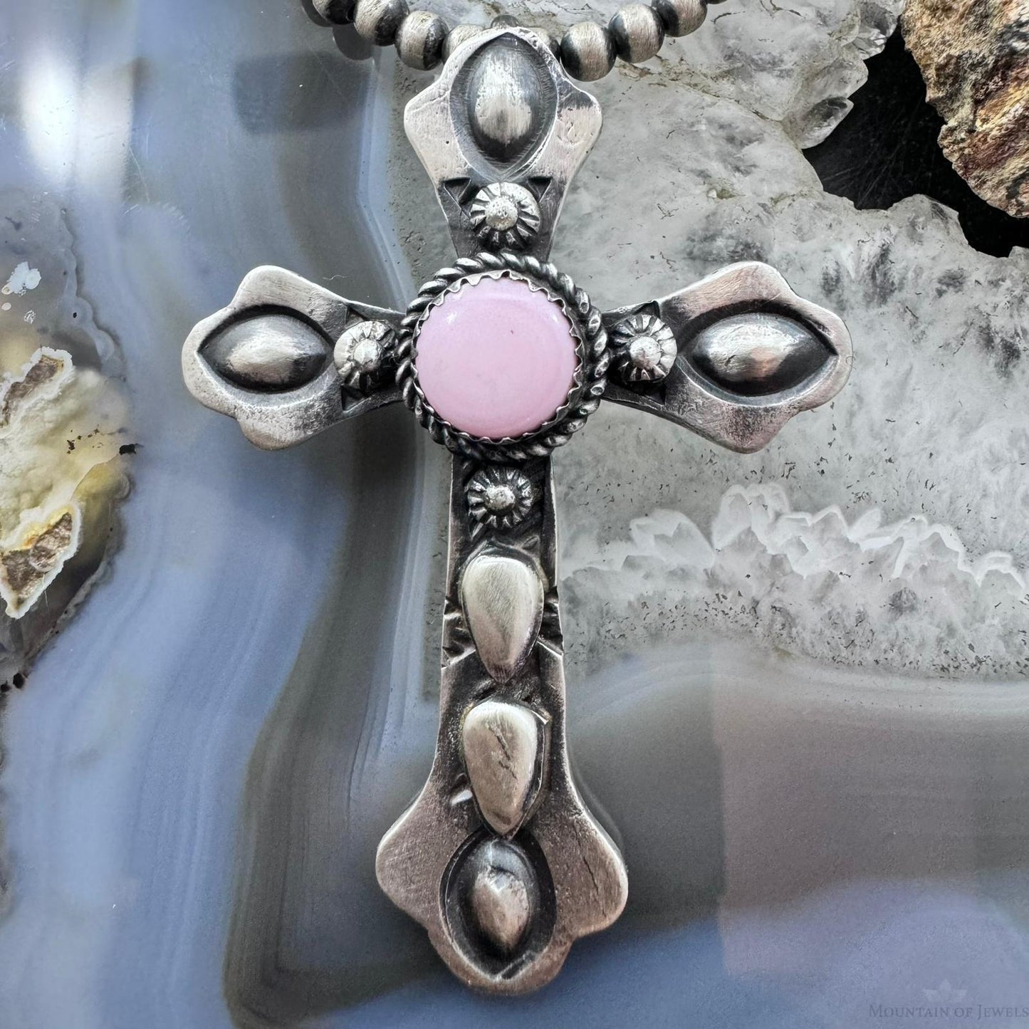 Richard Yazza Sterling Silver Round Pink Conch Decorated Unisex Cross Pendant