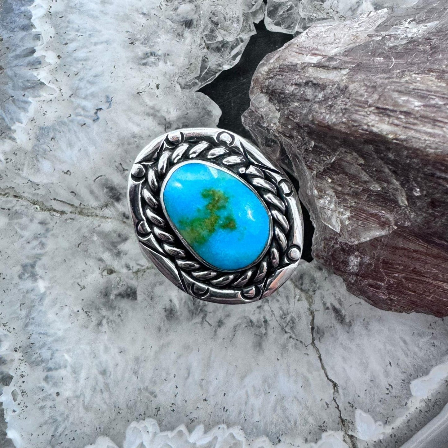 Native American Sterling Silver Oval Sonora Gold Turquoise Ring Size 8.25 For Women