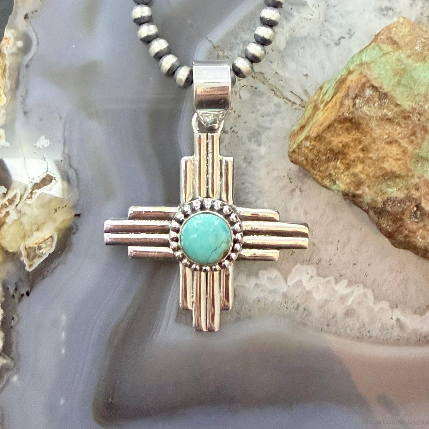 Sterling Silver Southwestern Style Rounded Mohave Turquoise Unisex Zia Pendant