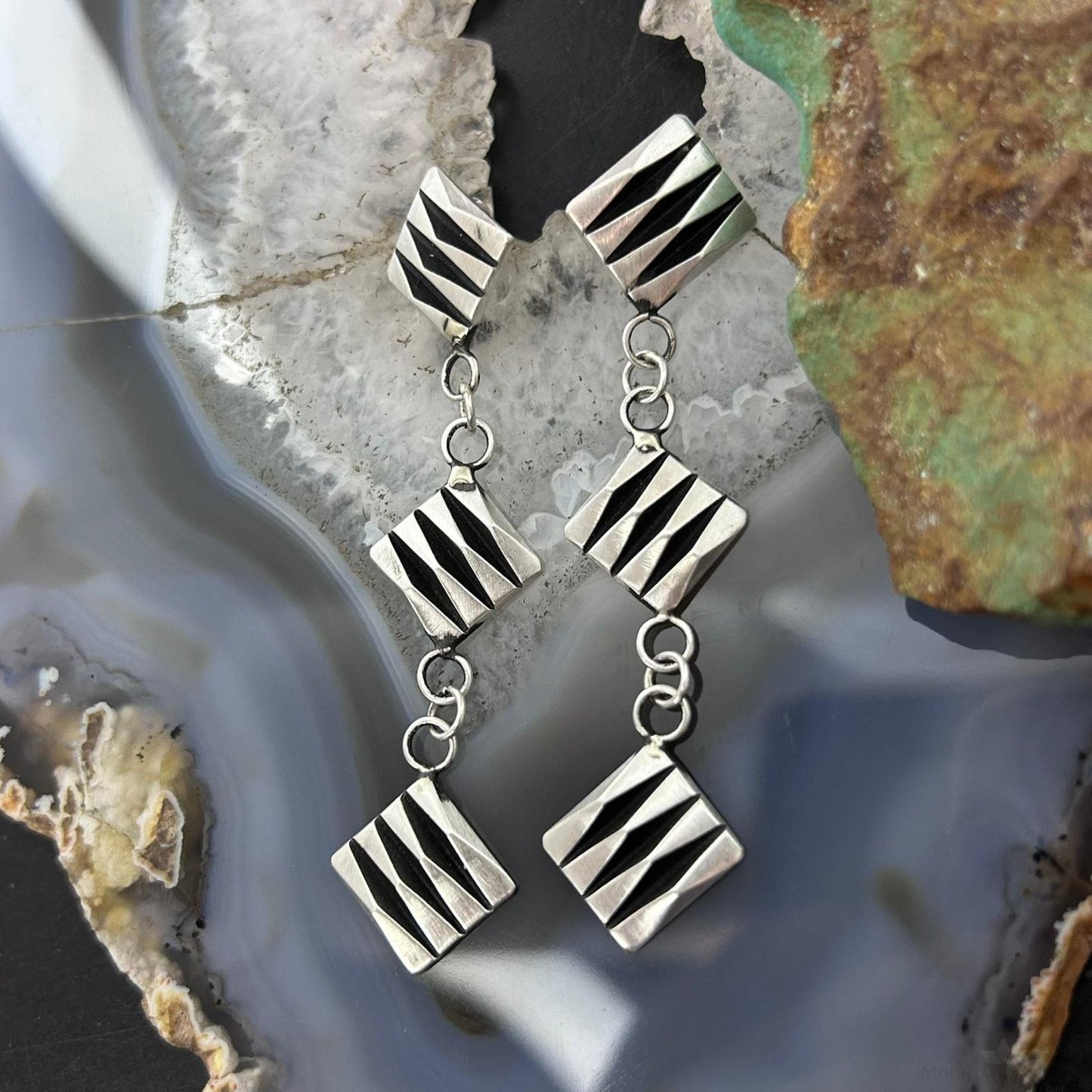 Leander Tahe Native American Sterling Silver 3 Square 3D Geometric Dangle Earrings For Women