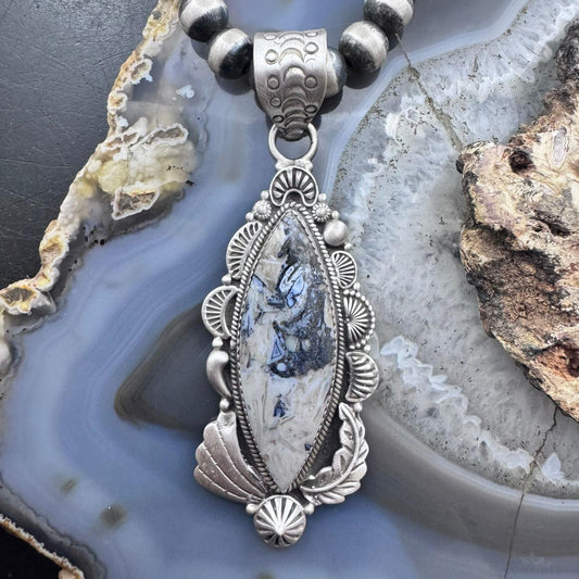 Sterling Silver Southwestern Style Elongated Marquise Dendritic Agate Decorated Pendant For Women