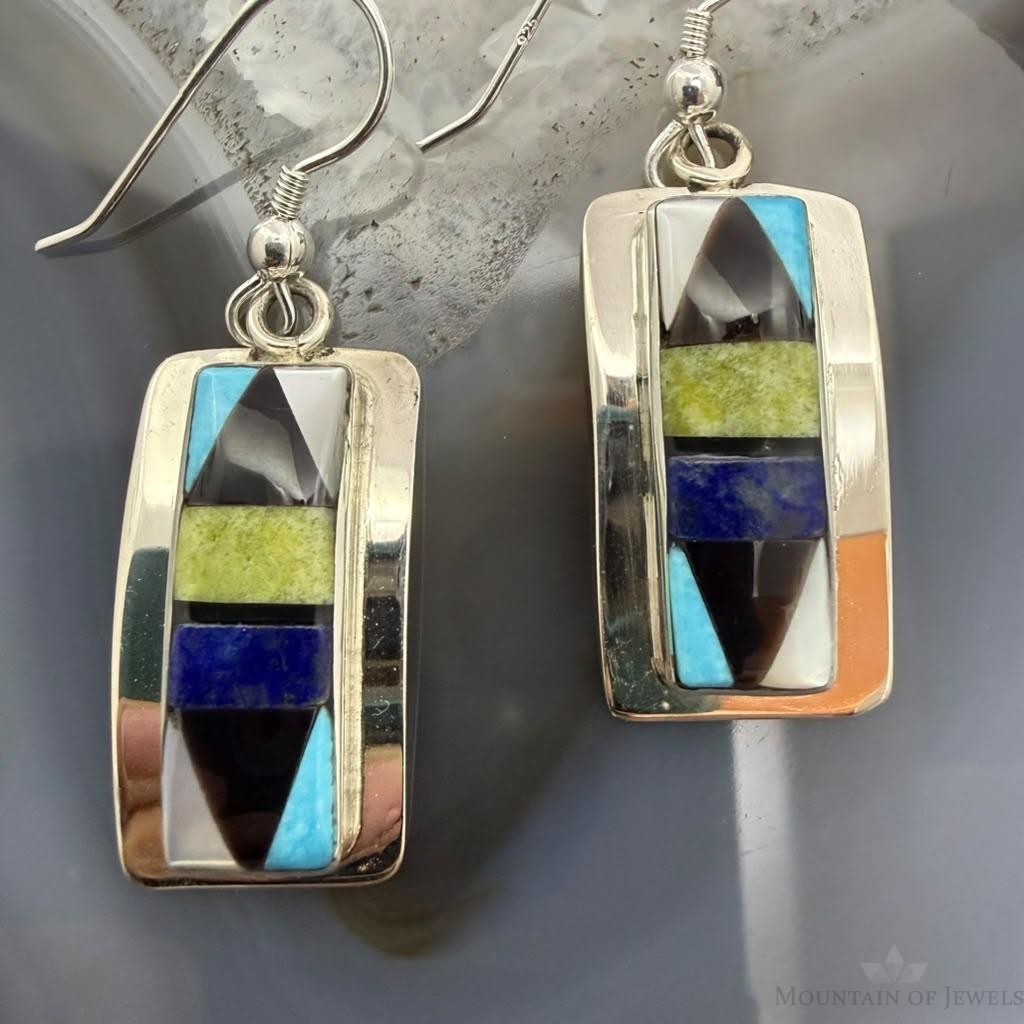 Sheryl Edaakie Zuni Sterling Silver  Multistone Inlay Rectangle Dangle Earrings For Women #2