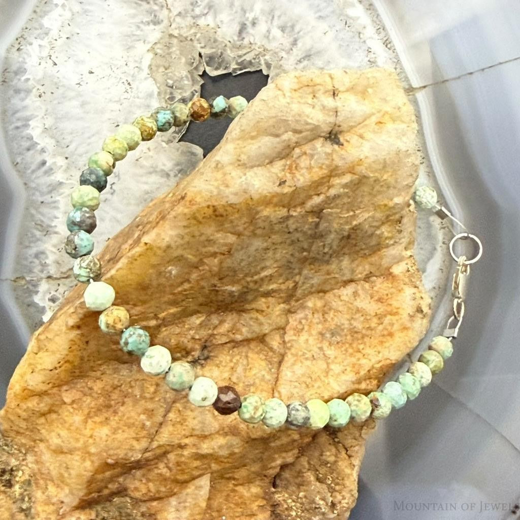 Sterling Silver 4mm Faceted Hubei Turquoise Beads 7.25" Bracelet For Women