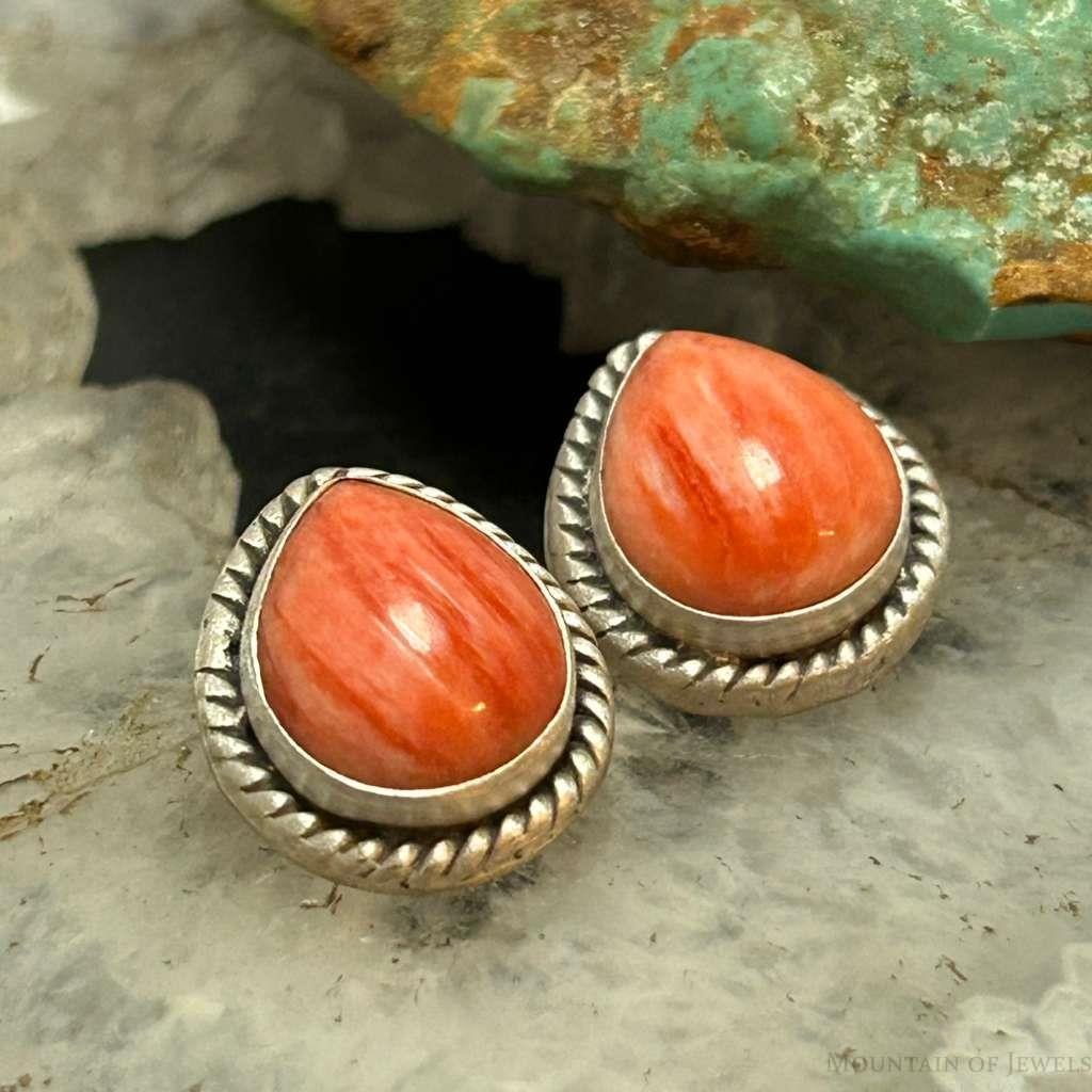 Sterling Silver Southwestern Style Teardrop Orange Spiny Oyster Stud Earrings For Women