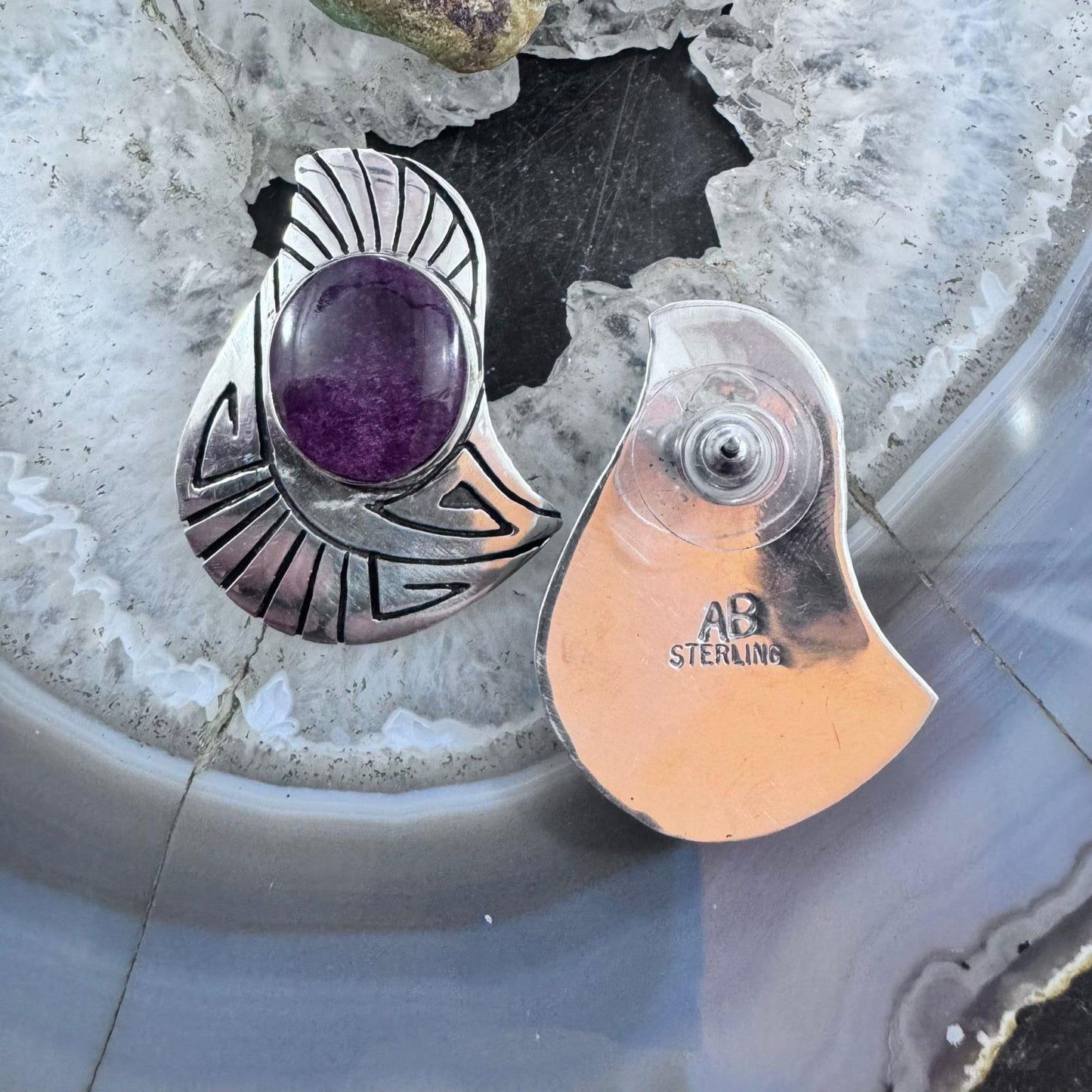 Abraham Begay Native American Sterling Silver Purple Spiny Oyster Overlay Post Earrings For Women