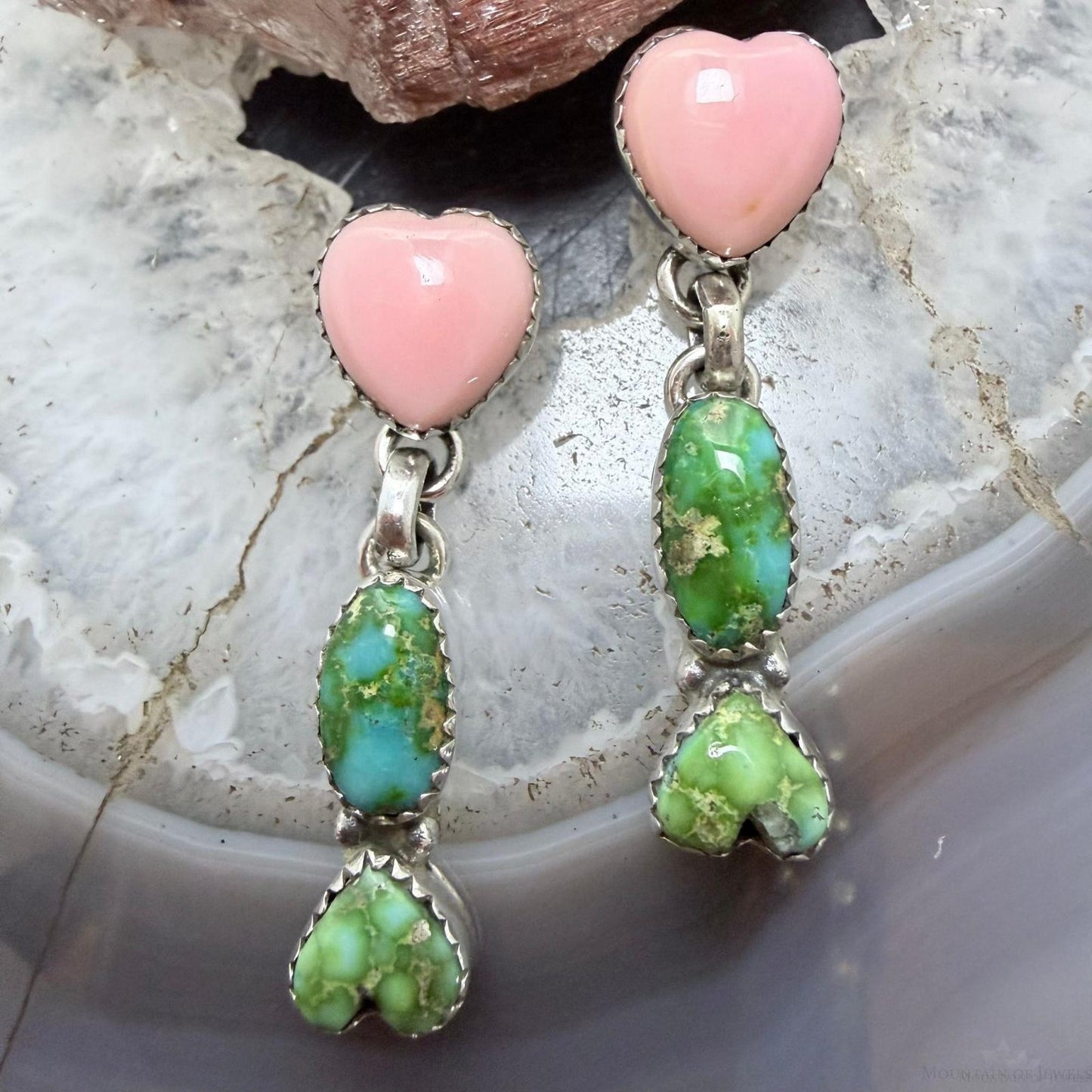 Sterling Silver Southwestern Style Sonora Gold Turquoise & Pink Conch Dangle Earrings For Women