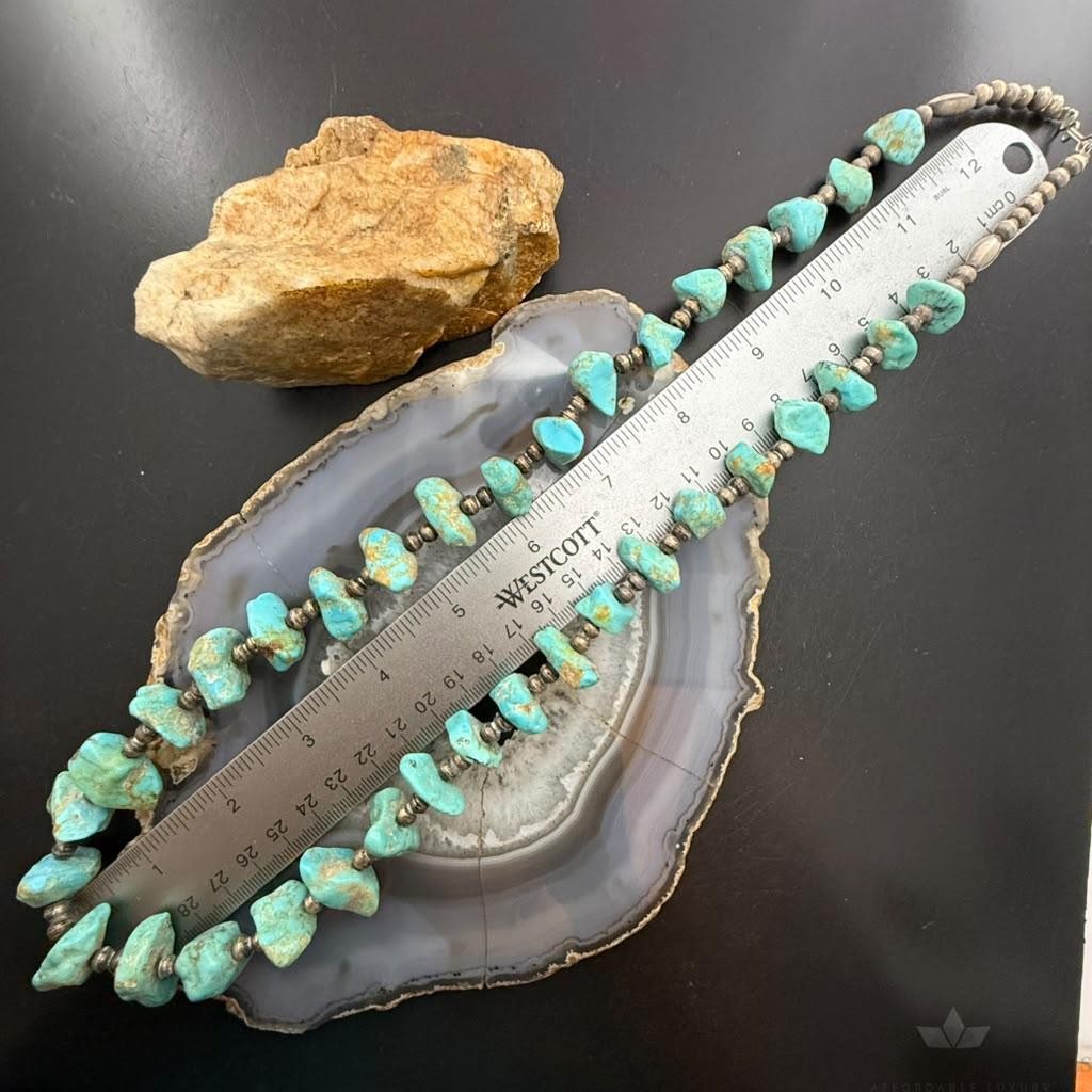 Vintage Sterling Silver Native American Natural Turquoise w/Silver Beads 27" Necklace For Women