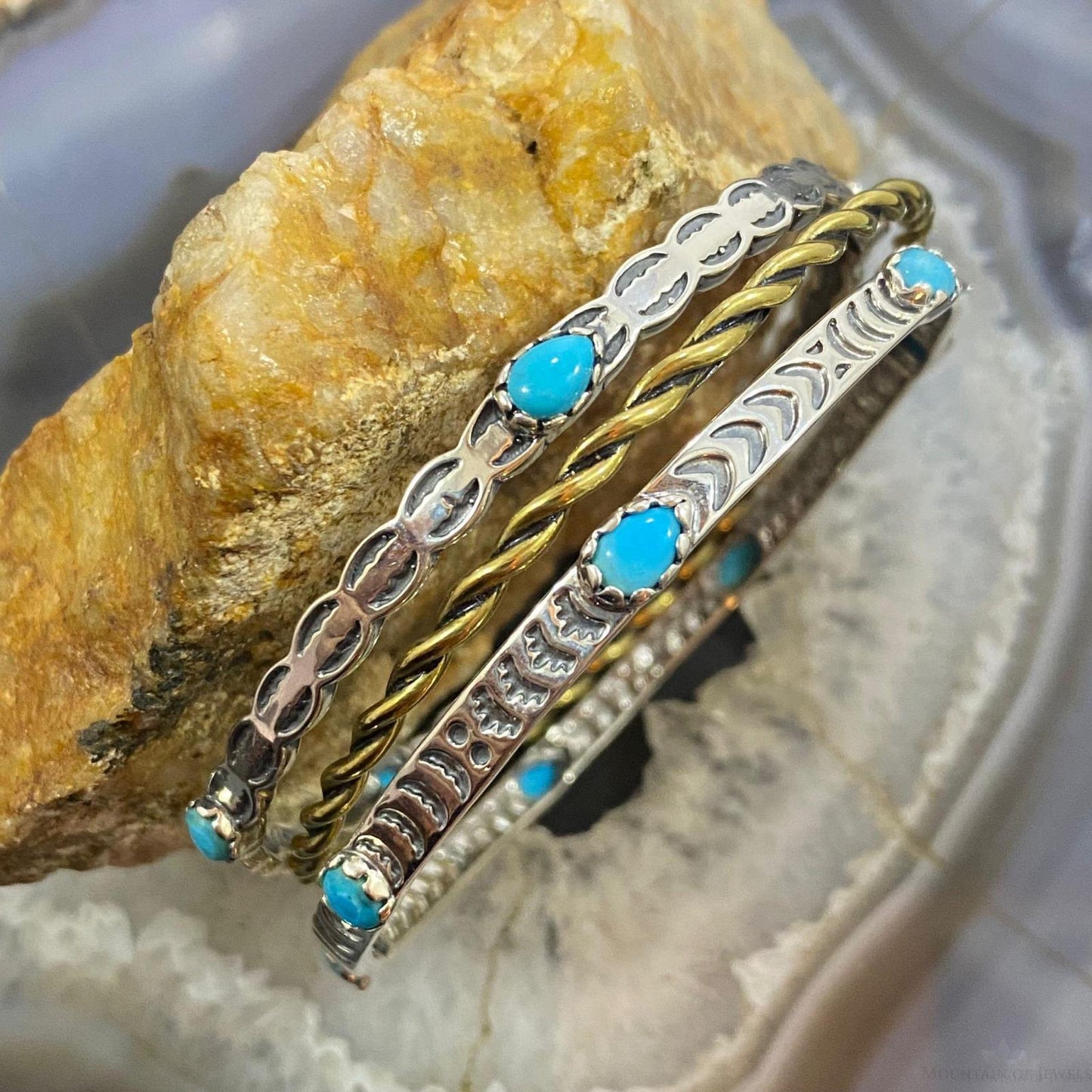 Carolyn Pollack Sterling Silver, Brass, Turquoise 3 Bangle Bracelet Set For Women