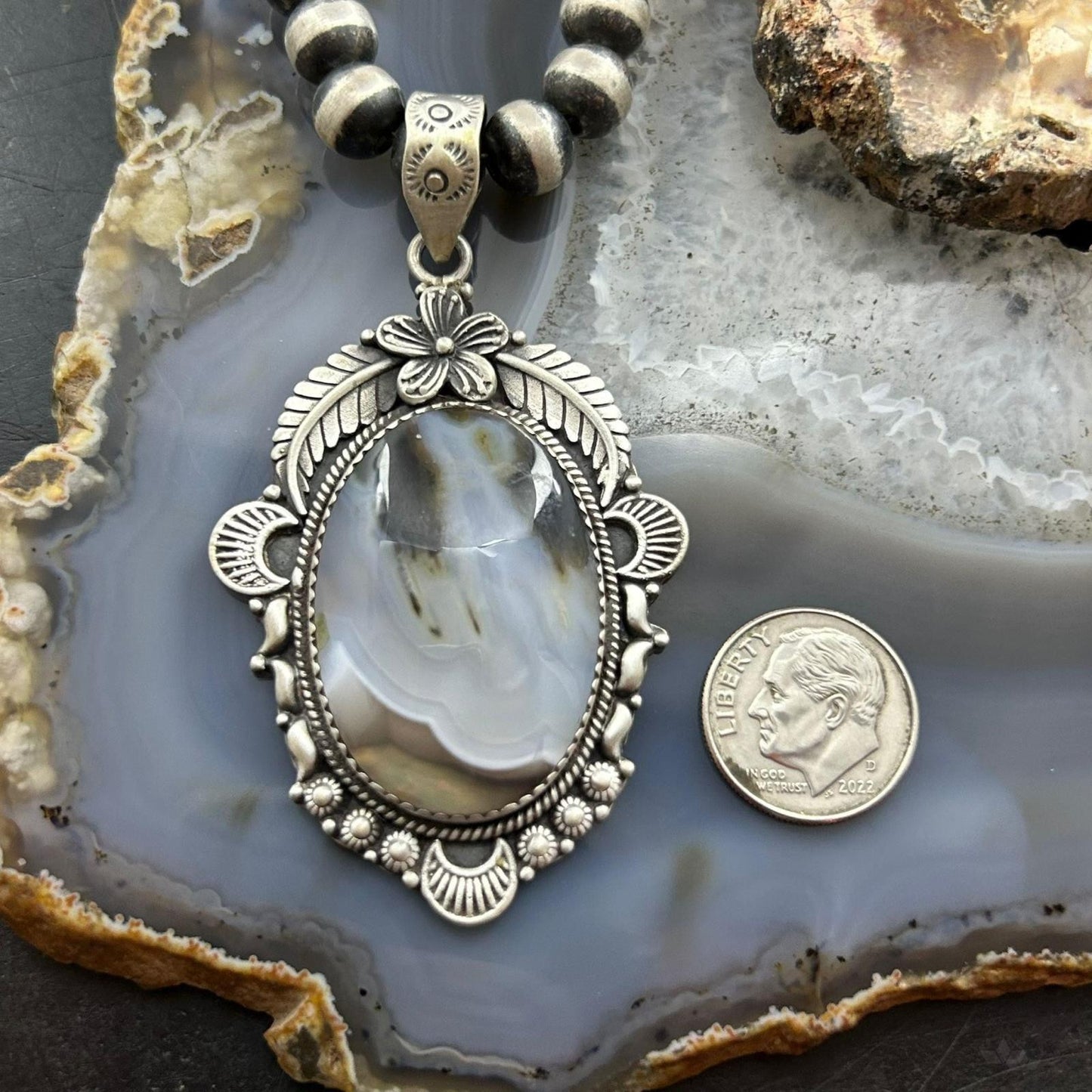 Sterling Silver Southwestern Style Oval Moss Agate Tube Decorated Pendant For Women