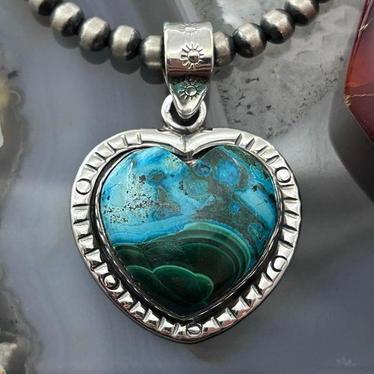 Sterling Silver Southwestern Style Azurite Malachite Decorated Heart Pendant For Women