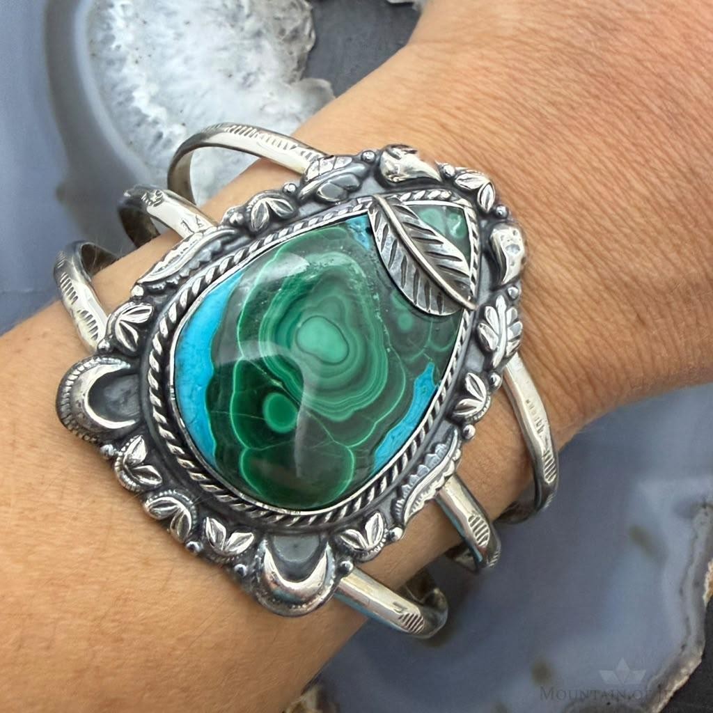 Sterling Silver Southwestern Style Azurite Malachite Decorated Bracelet For Women