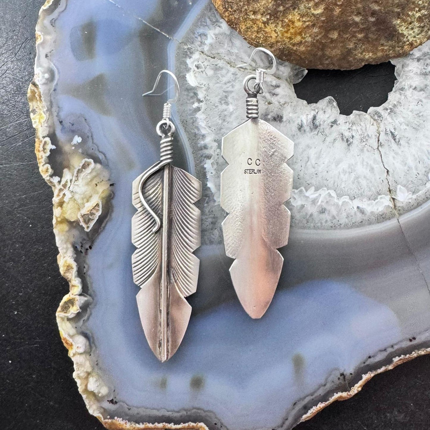 Chris Charley Native American Sterling Silver Large Feather Dangle Earrings For Women