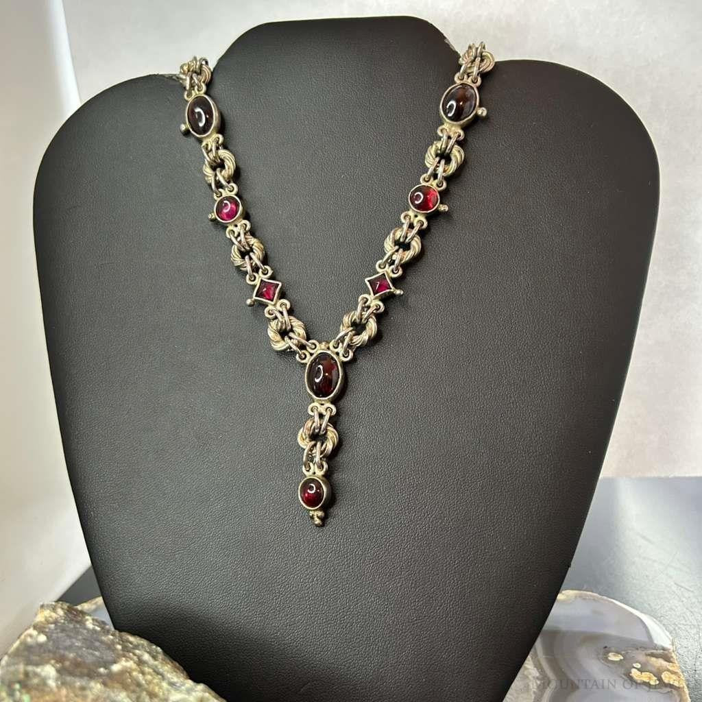 Signed Andes Miner Silver Garnet 20" Toggle Clasp Necklace For Women