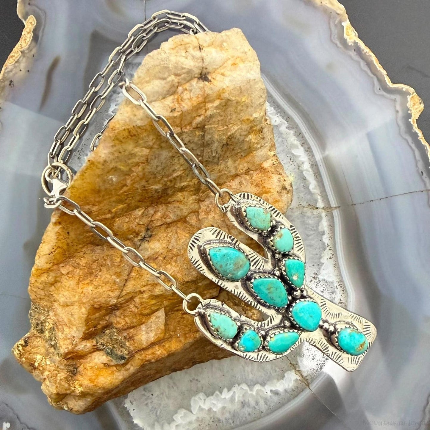 Sterling Southwestern Style Kingman Turquoise Cactus Pendant 20.5" Necklace