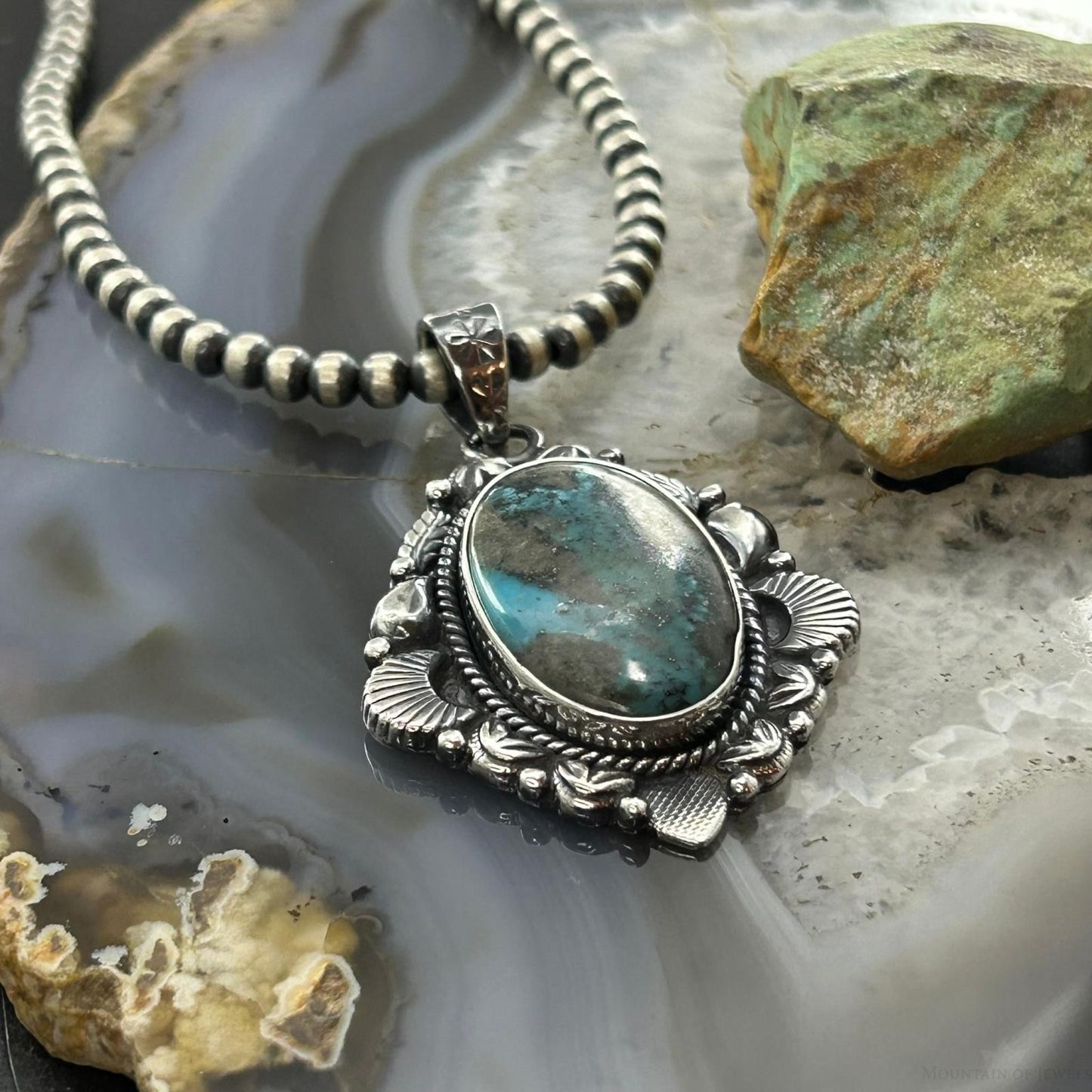 Sterling Silver Southwestern Style Oval Turquoise Decorated Pendant For Women #4