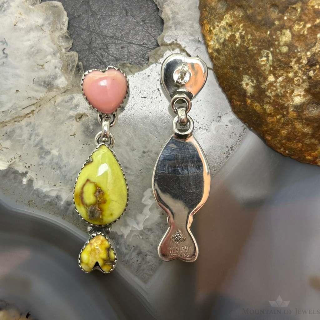 Sterling Silver Southwestern Style Teardrop Palomino & Heart Pink Conch Dangle Earrings For Women