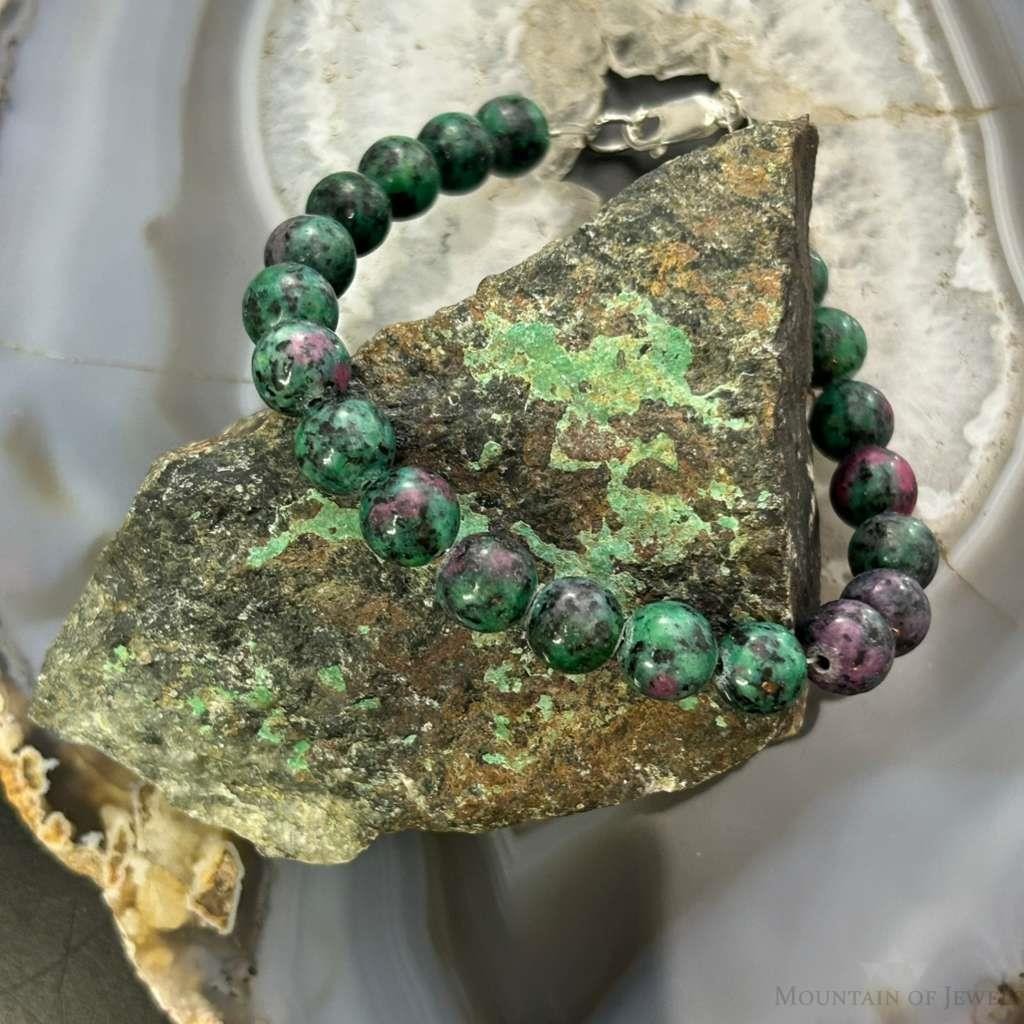 Sterling Silver Ruby Zoisite Beads 8" Bracelet For Women