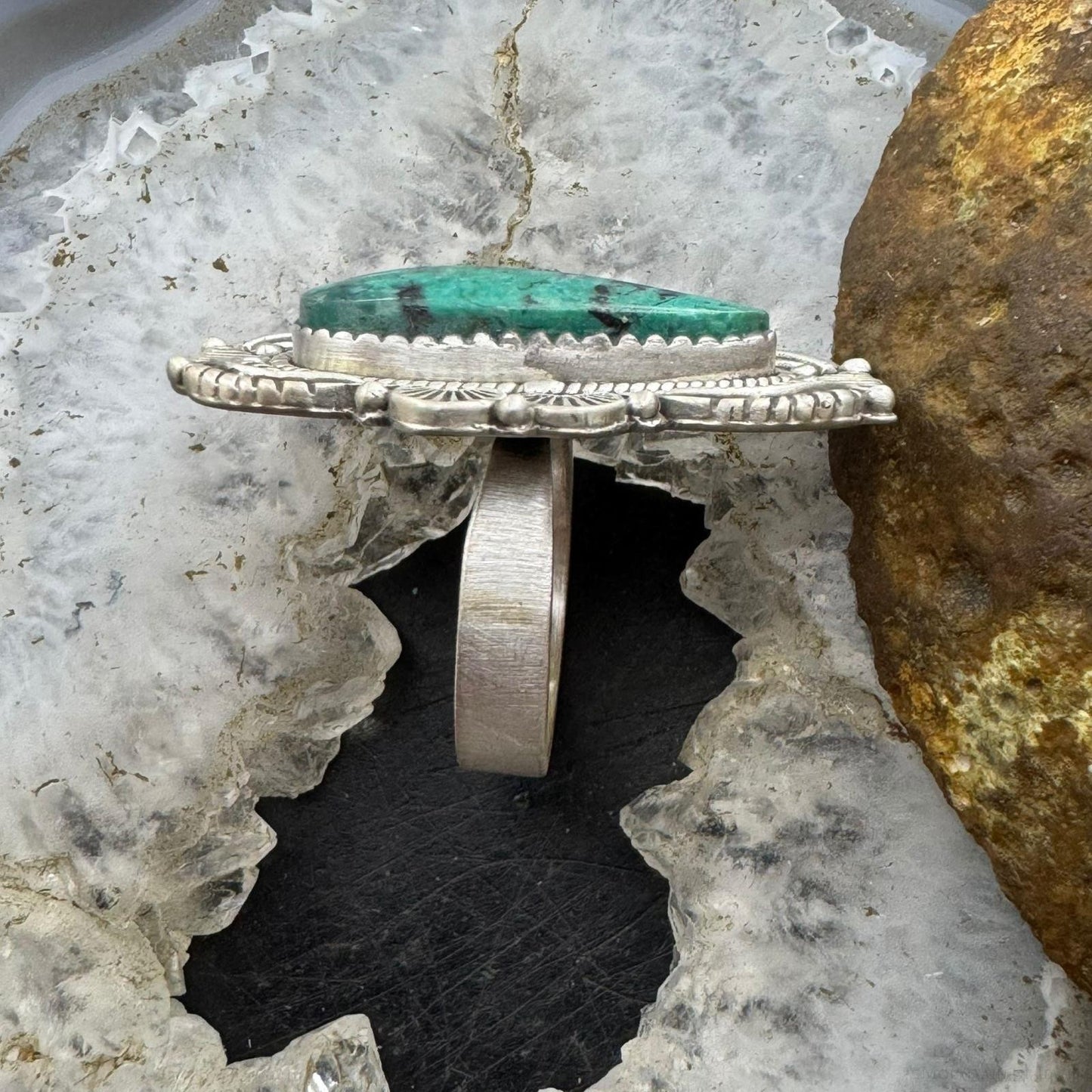 Sterling Silver Southwestern Style Teardrop Turquoise Decorated Adjustable Ring For Women