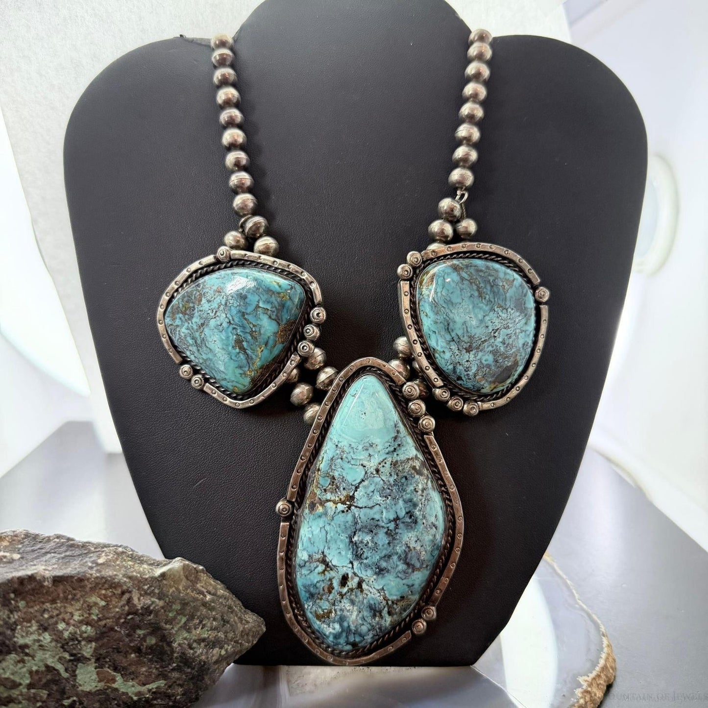 Vintage Silver Native American Large Blue Diamond Turquoise Necklace For Women