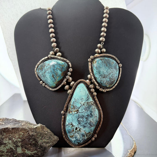 Vintage Silver Native American Large Blue Diamond Turquoise Necklace For Women