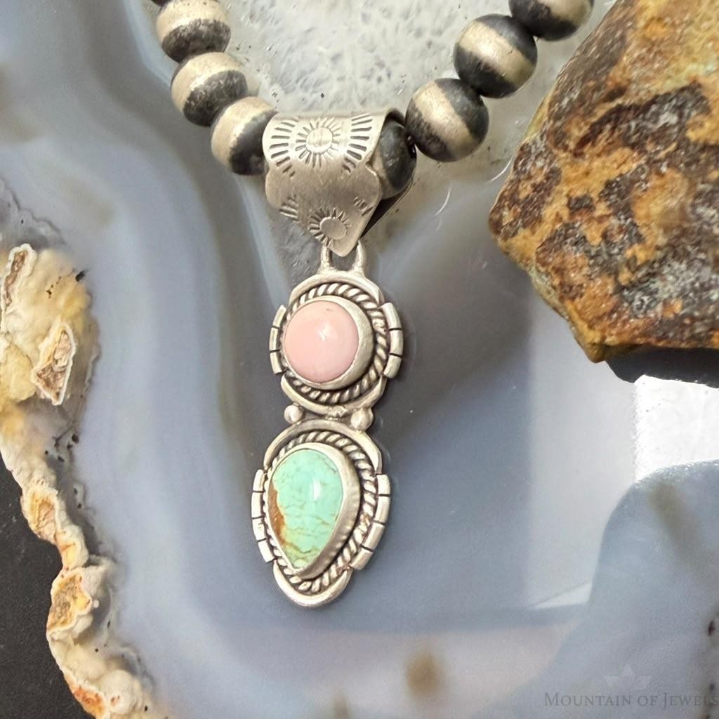 Sterling Silver Southwestern Style Pink Conch & Turquoise Pendant For Women