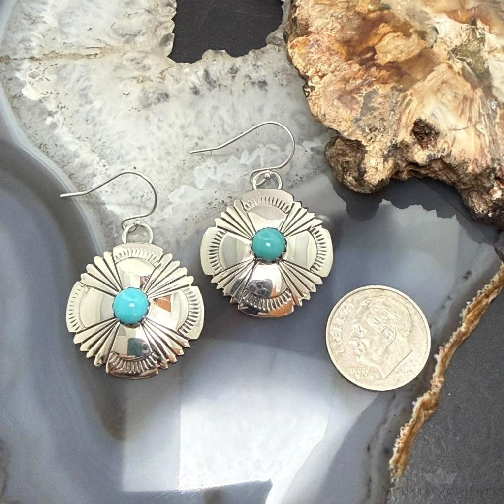 Michael Nez Navajo Sterling Silver Round Turquoise Stamped Dangle Earrings For Women