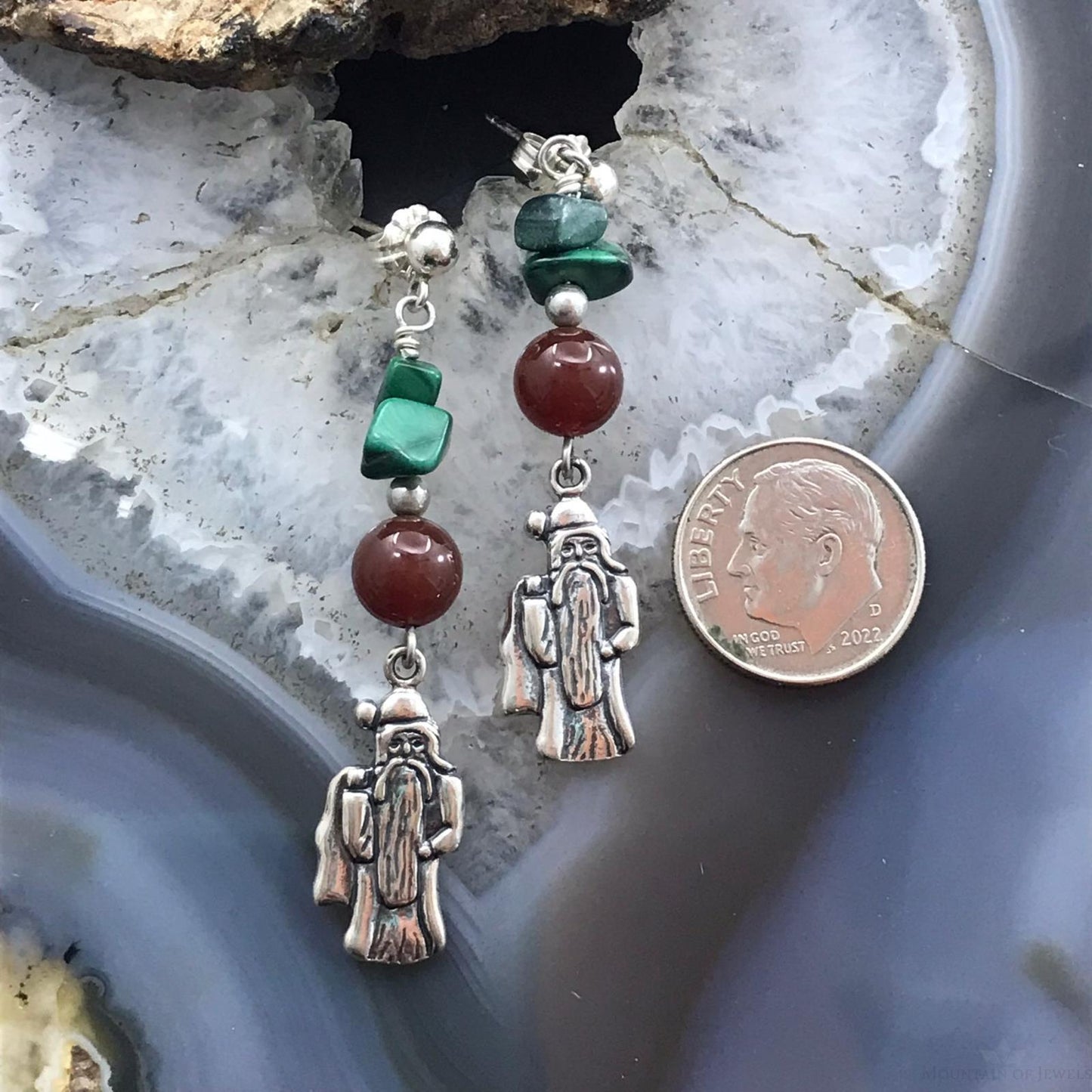 Carolyn Pollack Sterling Silver Malachite & Carnelian Father Christmas Dangle Earrings For Women