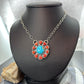 Native American Sterling Silver Round Turquoise &Coral Heart Cluster Pendant W/Necklace For Women