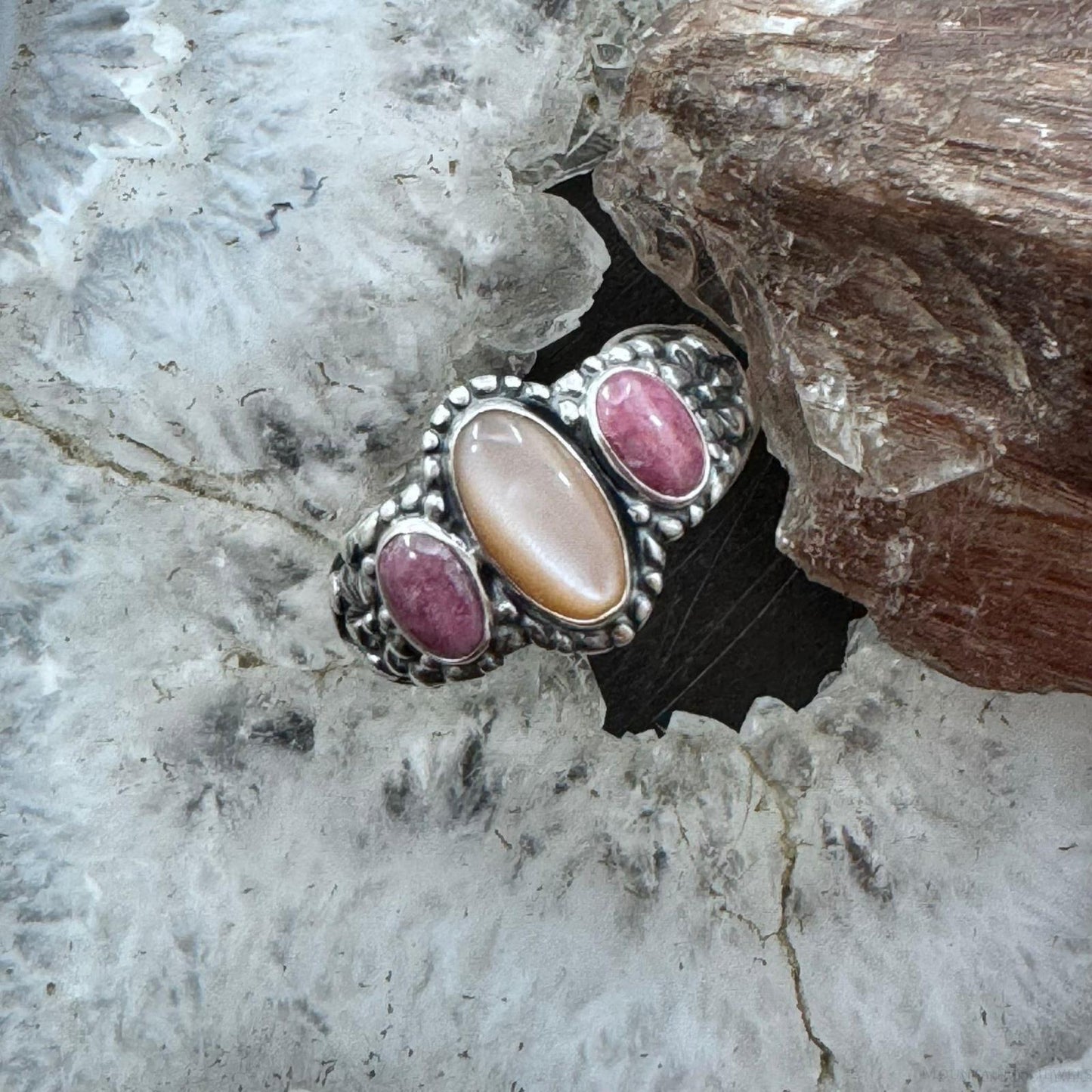 Carolyn Pollack Sterling Silver Oval Peach Mother of Pearl & Rhodonite Ring For Women