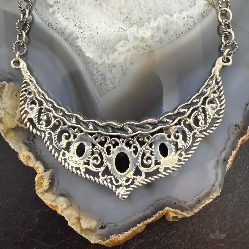 Carolyn Pollack Sterling Silver 3 Oval Labradorite 19" Swirl Decorated Necklace For Women