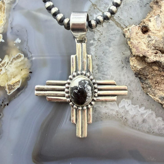 Sterling Silver Southwestern Style Oval White Buffalo Unisex Zia Pendant