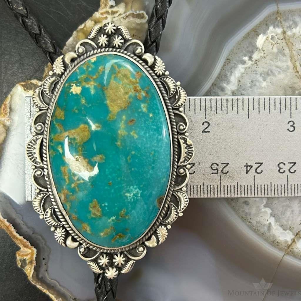 Sterling Silver Southwestern Style Large Oval Turquoise Decorated Bolo Tie For Men