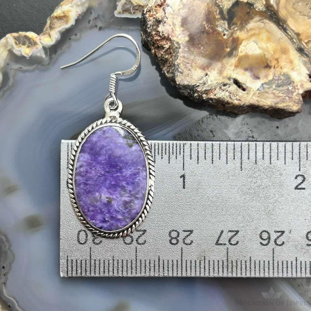 Sterling Silver Southwestern Style Oval Charoite Dangle Earrings For Women