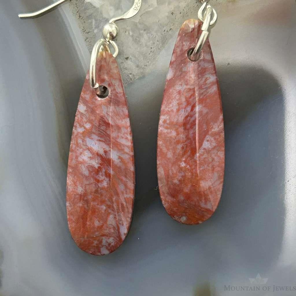 Sterling Silver Teardrop Plum Moss Agate Slab Dangle Earrings For Women #534