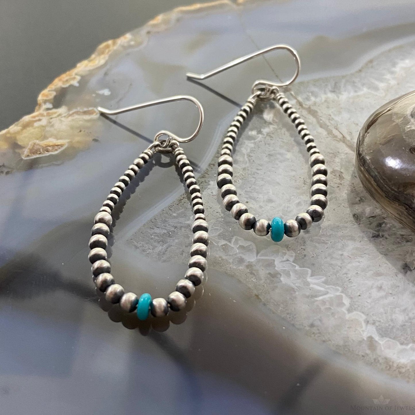 Graduated Navajo Pearl Beads & Turquoise Sterling Silver Dangle Earrings