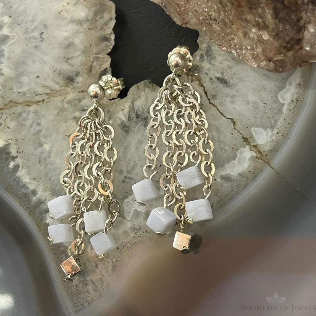 Carolyn Pollack Sterling Silver Tiny Blue Lace Agate Cube Bead Chandelier Earrings For Women