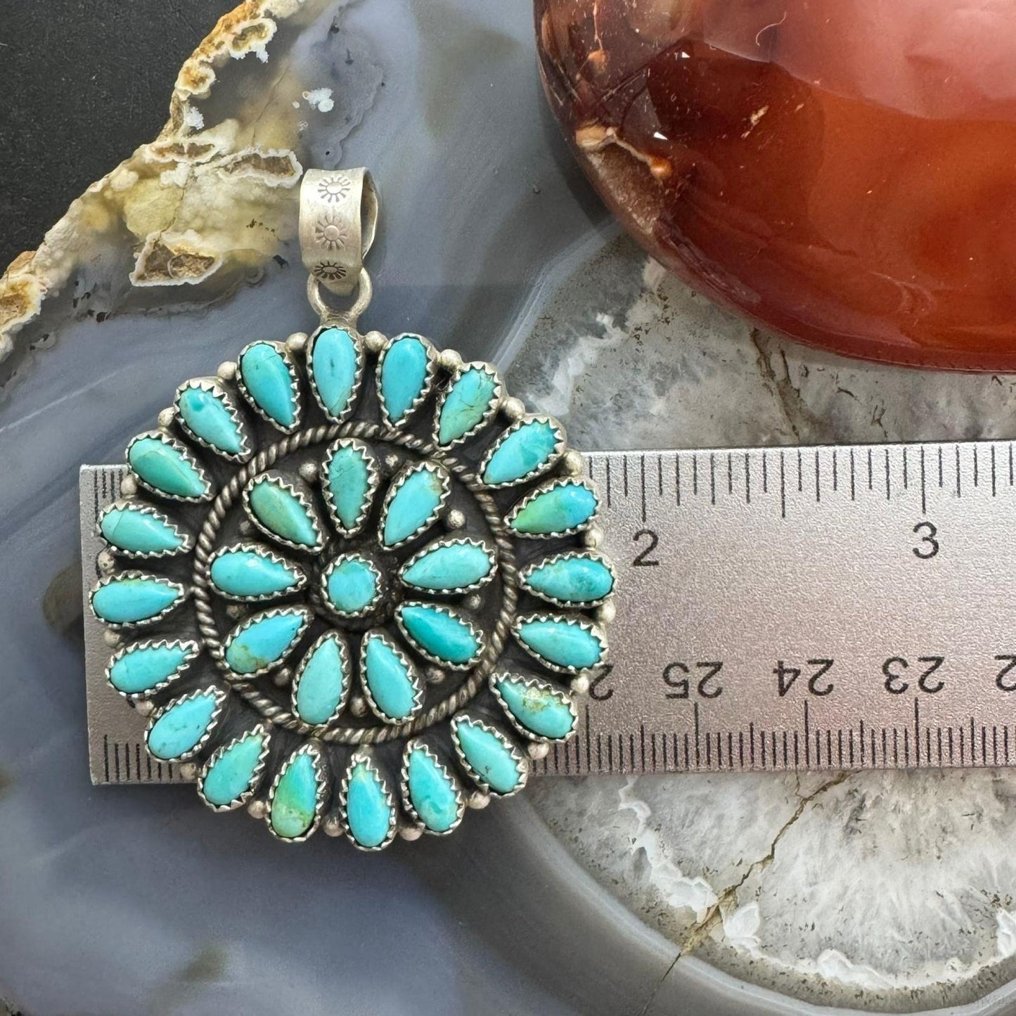 Sterling Silver Southwestern Style Teardrop Turquoise Round Cluster Pendant For Women